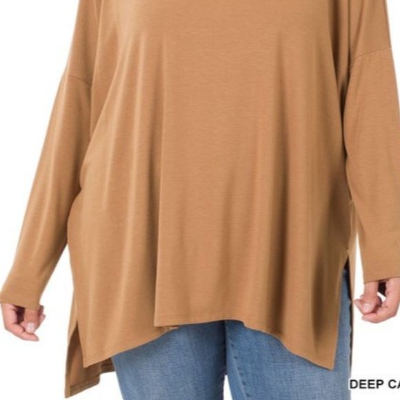 Plus Size Oversized Side Slit Cowl Neck Long Sleeve Top - Picture 3 of 4